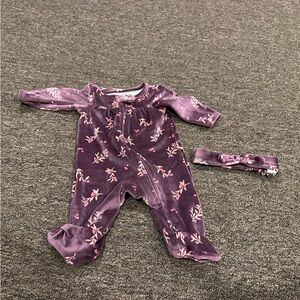 Newborn Baby Girl Plum Floral Velour Footed One-Piece with Headband EUC!